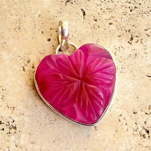 Carved Ruby Heart Clover Pendant 925 Silver Overlay